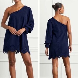 NWT Hill House The Mila Dress One-Shoulder Eyelet in Navy Linen sz S